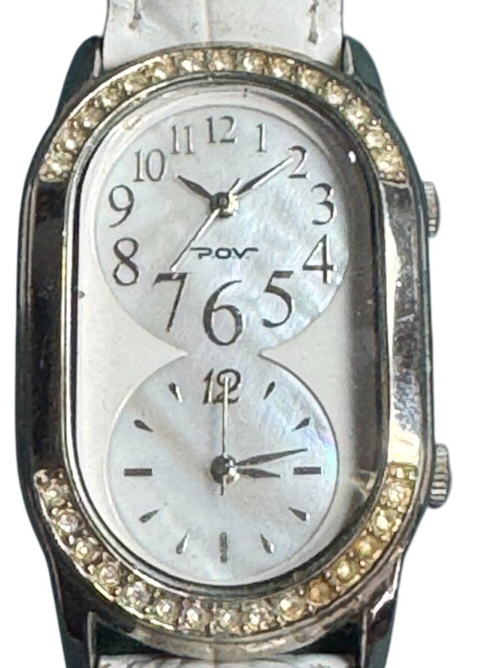 POV Womens White Leather Strap Watch With Dual Time Mother-Of-Pearl Dial & Rhine